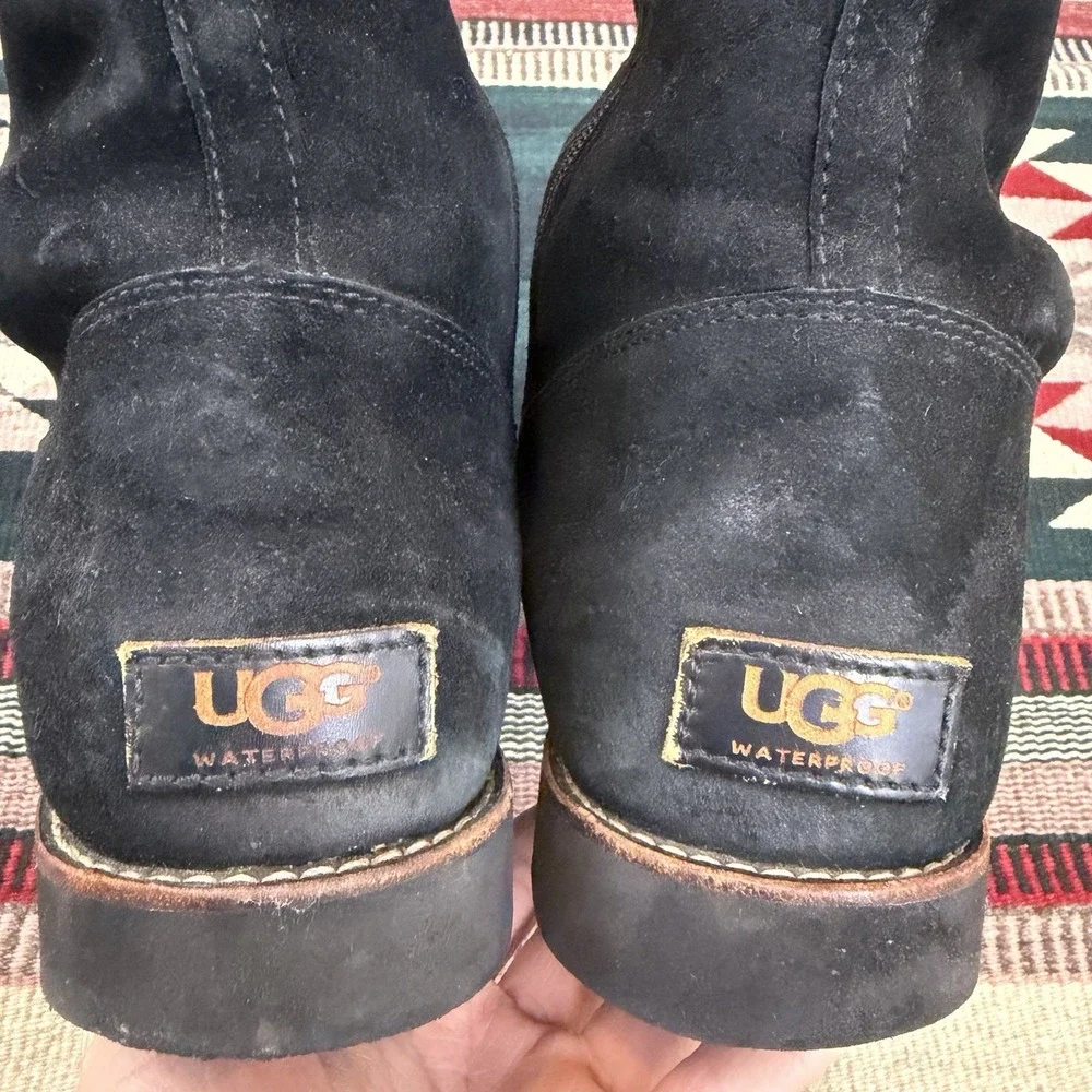UGG Etta Tall Boots Sz‎ 10 Black Suede Leather Sheepskin Warm Waterproof Gothic